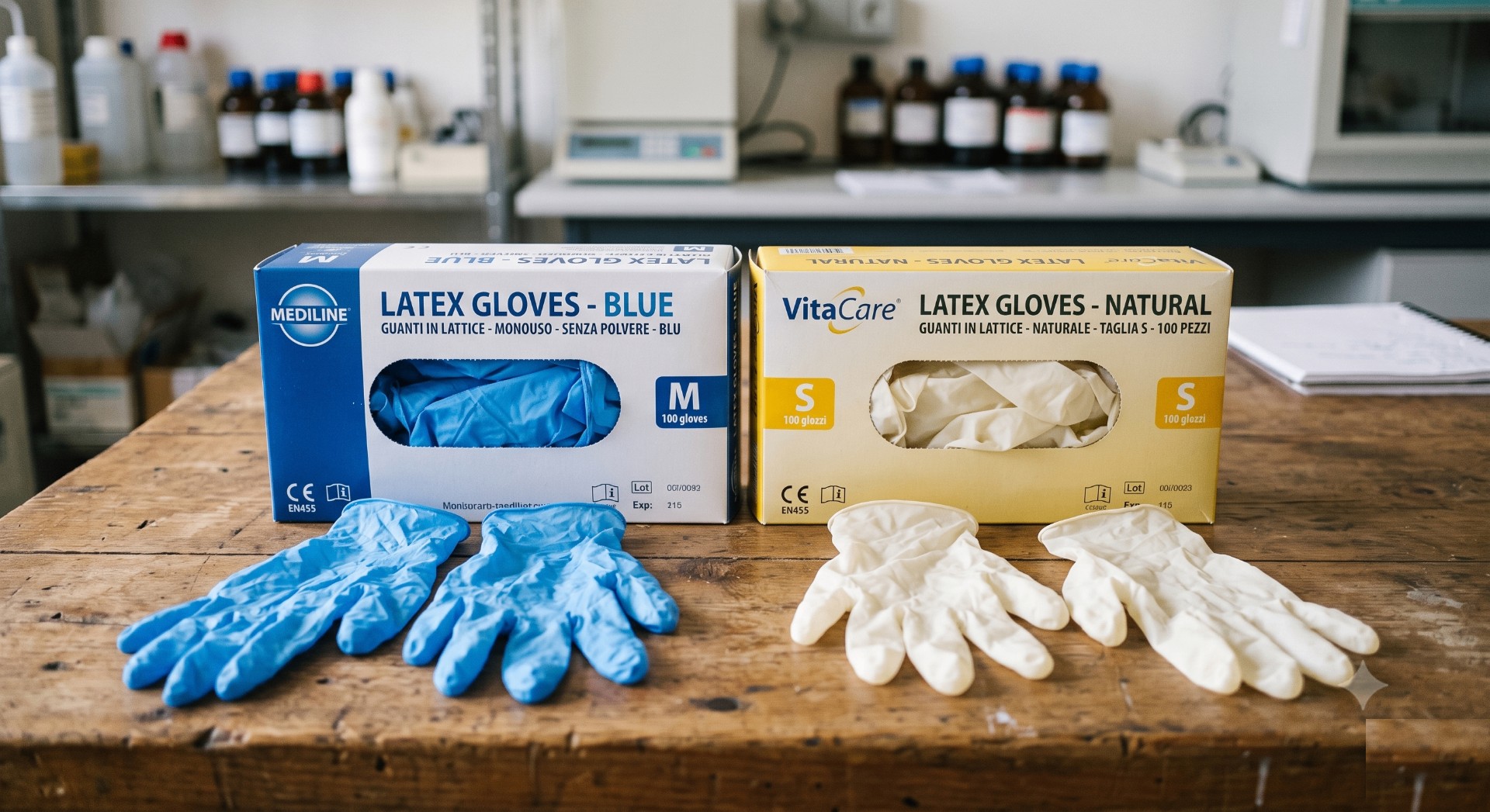 Guanti monouso in nitrile blu e in lattice bianco per uso professionale